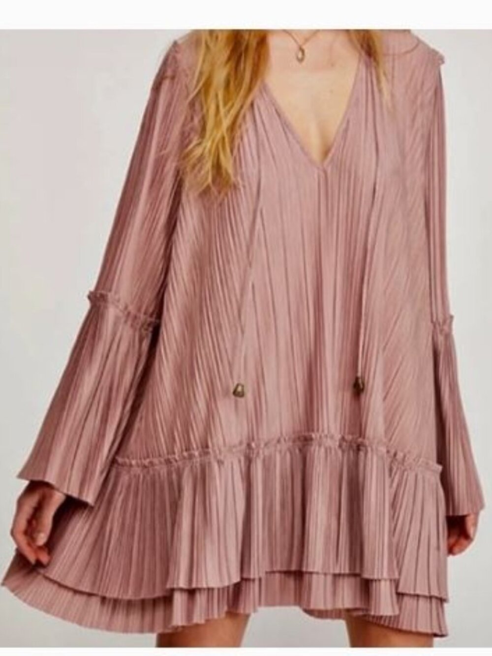 Free People Can't Help It Mini Dress XS Pink Blush Swing Pleated Tiered Boho